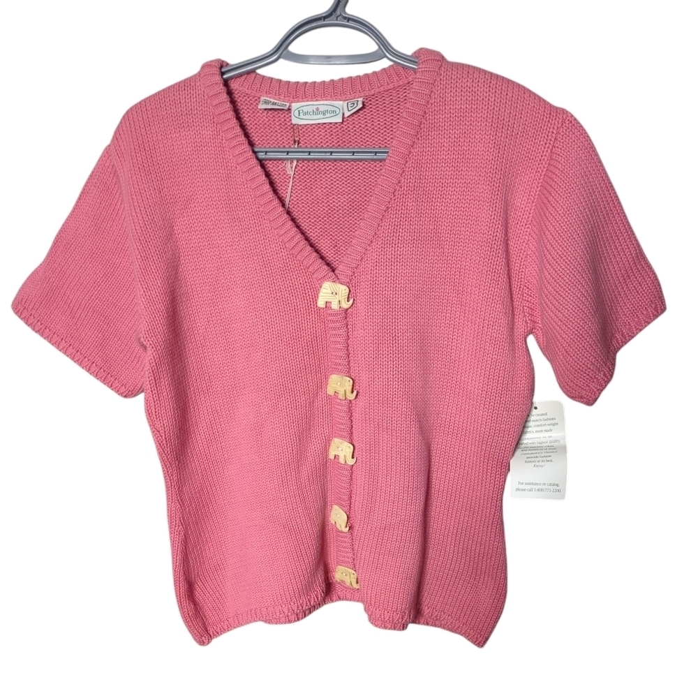 NWT Patchington Pink Short Sleeve Knit‎ Sweater Elephant Buttons Size Small